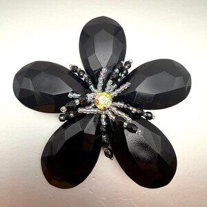 VTG Black Faceted Bead Flower Brooch w/ Aurora Borealis Center